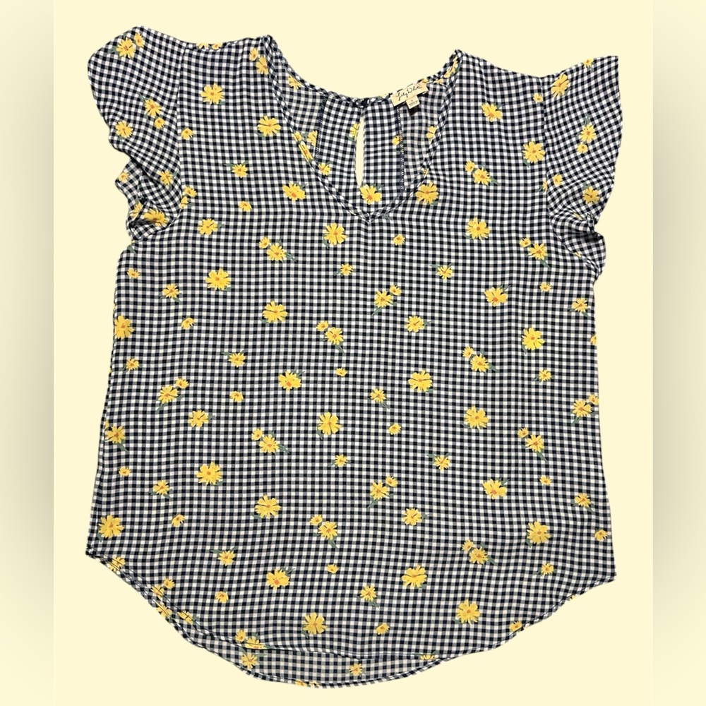 NWT Lily White Blue and White Gingham Top with Yellow Flowers